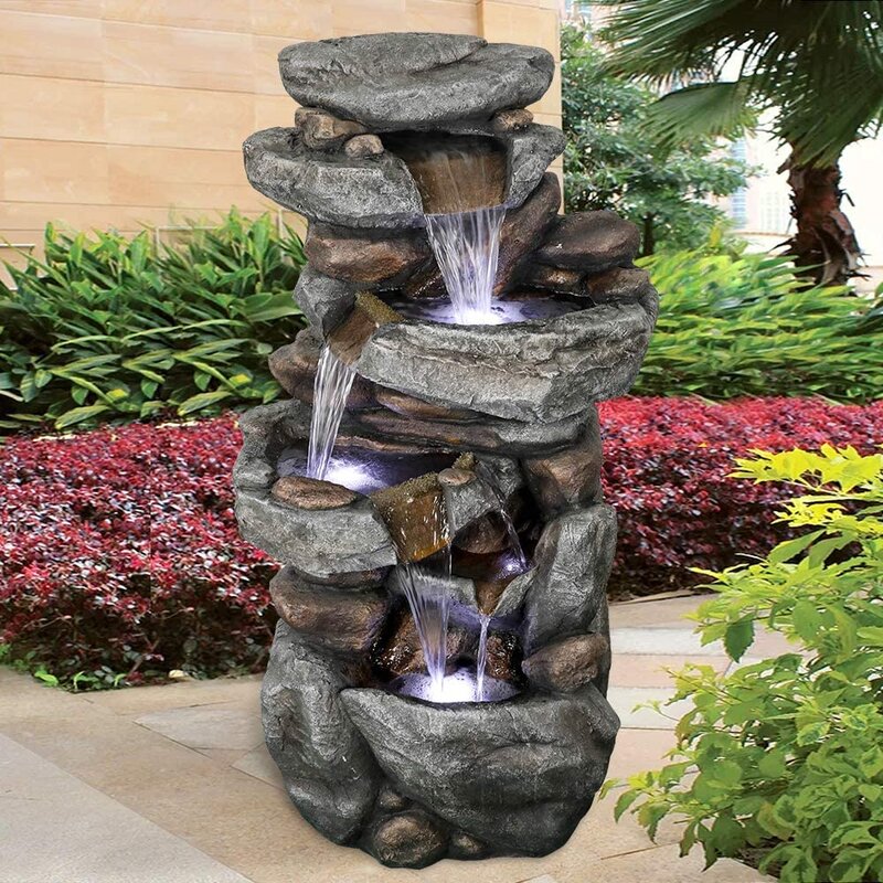Outdoor Relaxing Water Fountain 5 Tier Outdoor Water Fountain With LED Lights   40In Rock Water Fountain For Home Garden 